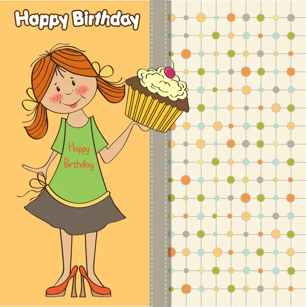 Tarjeta de pastel de chica y taza — Vector de stock