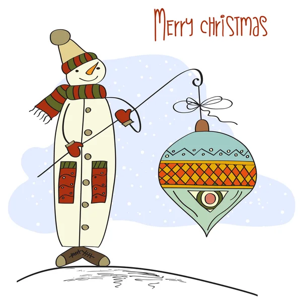 Bonhomme de neige avec grande boule de Noël — Image vectorielle