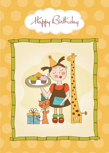 Joyeux anniversaire carte avec fille drôle, animaux et cupcakes — Image vectorielle