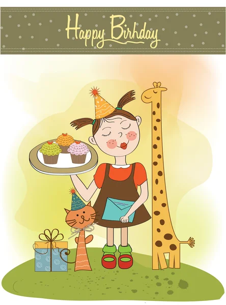 Glückwunschkarte mit lustigen Mädchen, Tieren und Cupcakes — Stockvektor