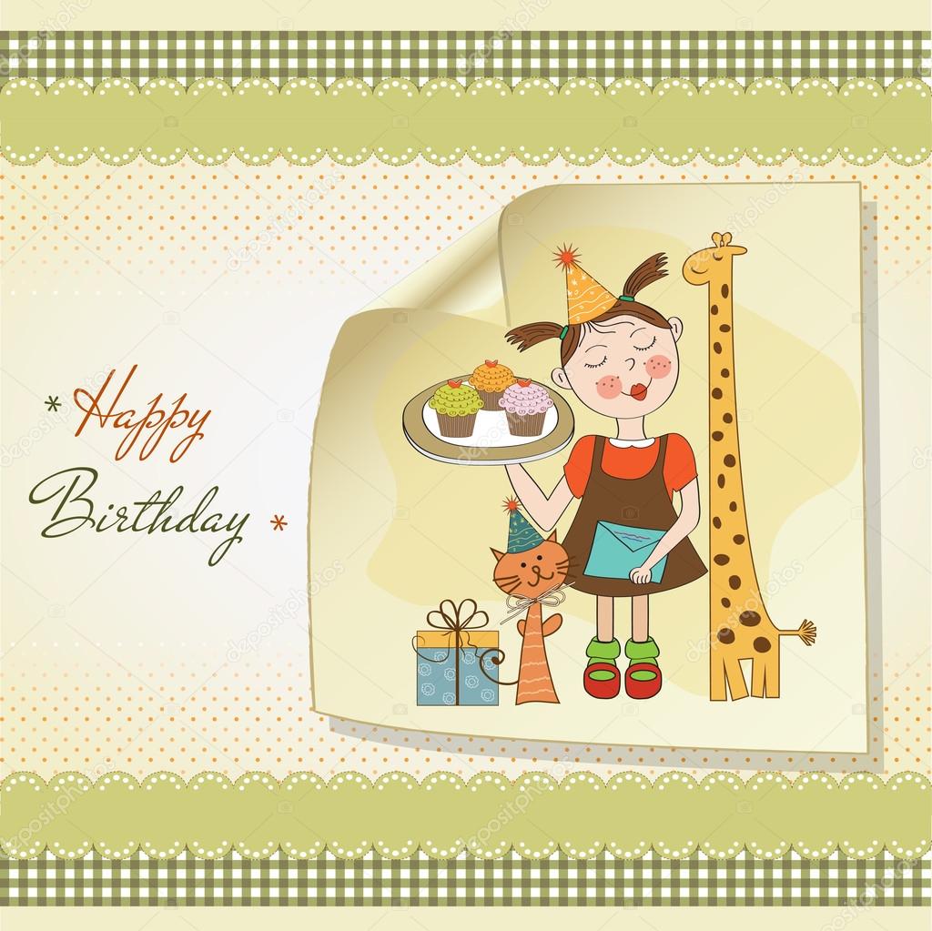 Happy Birthday card with funny girl, animals and cupcakes