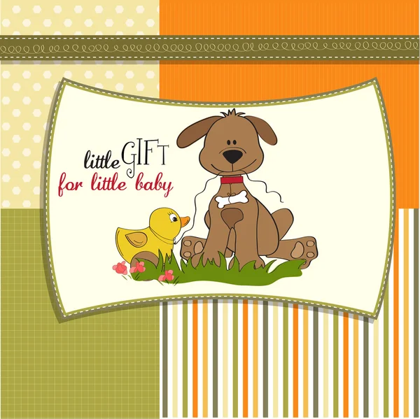 Card with dog and duck toy — Stock Vector