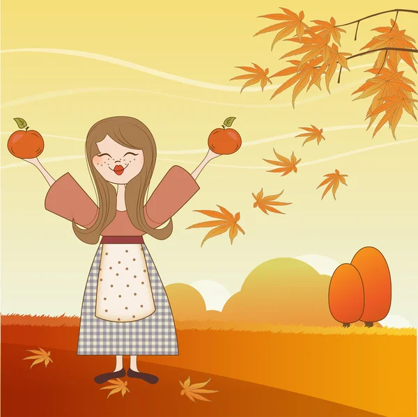 Otoño chica con manzanas y calabazas — Vector de stock