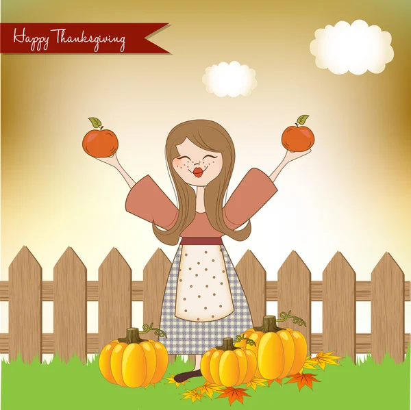 Autumn girl with apples and pumpkins — Stock Vector