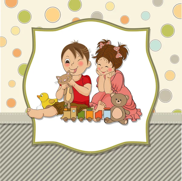 Fille et garçon joue avec des jouets — Image vectorielle