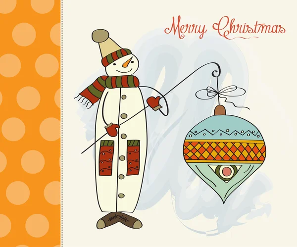 Bonhomme de neige avec grande boule de Noël — Image vectorielle