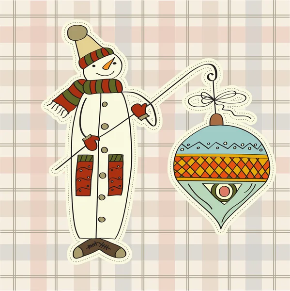 Muñeco de nieve con gran bola de Navidad — Vector de stock