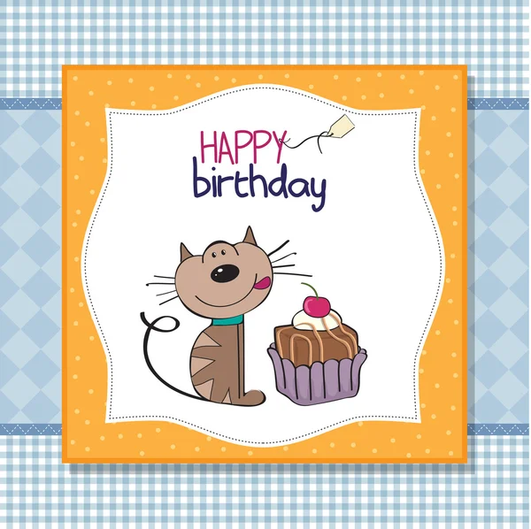 Tarjeta de cumpleaños con un pastel de gato — Vector de stock