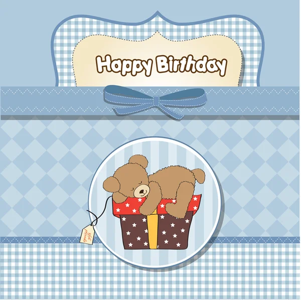 Card with teddy bear and big gift box — Stock Vector