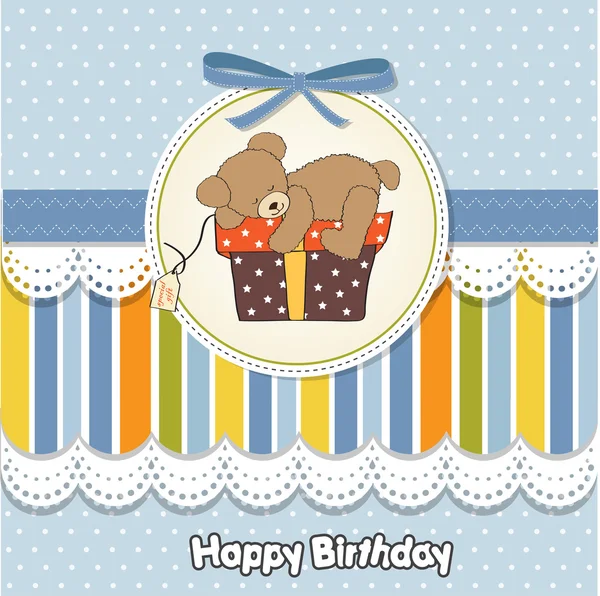 Card with teddy bear and big gift box — Stock Vector