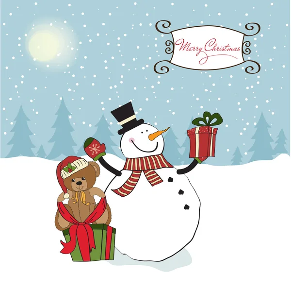 Cartão de felicitações de Natal com boneco de neve — Vetor de Stock