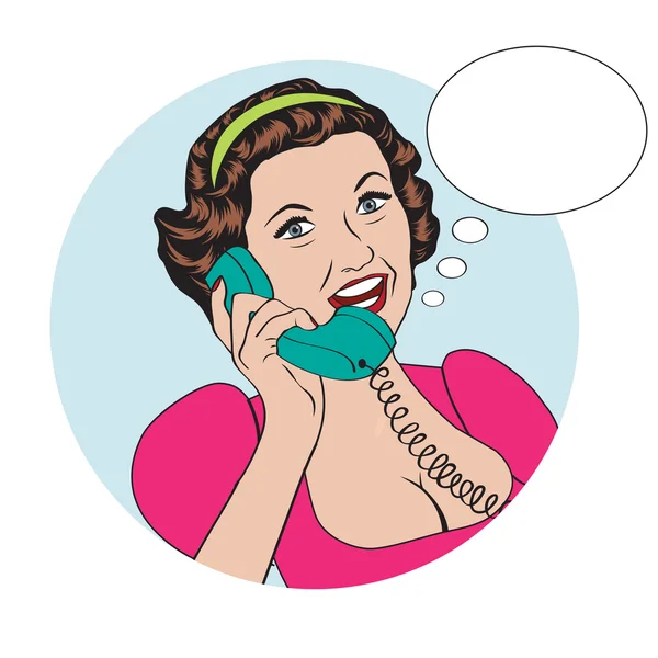 Popart 漫画复古女孩子通过电话说话。 — 图库照片
