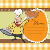 Lustiger Cartoon-Koch mit Tablett mit Essen in der Hand