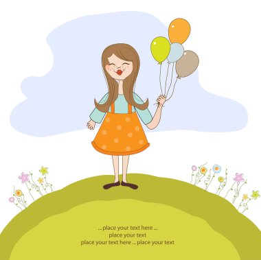 Balon, doğum günü tebrik kartı ile kız