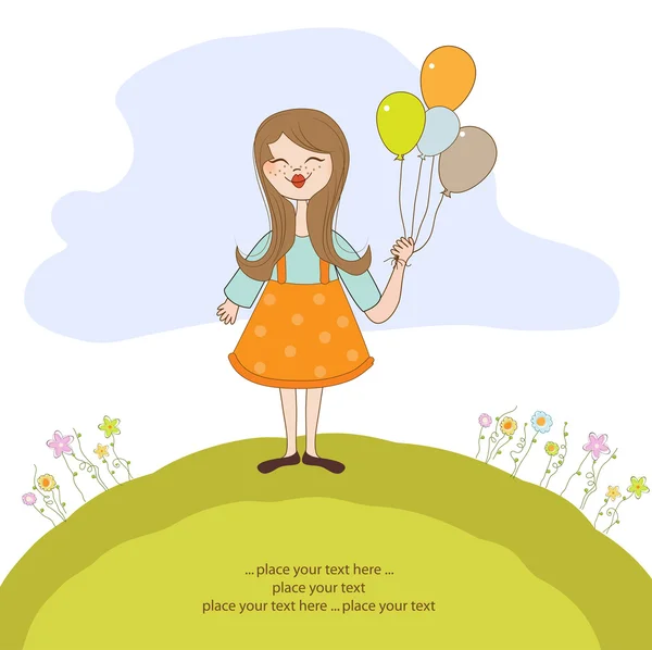 Funny girl with balloon, birthday greeting card — Stock Vector