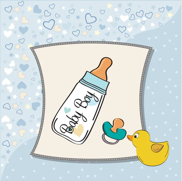 Baby announcement card with milk bottle and pacifier — Stock Vector