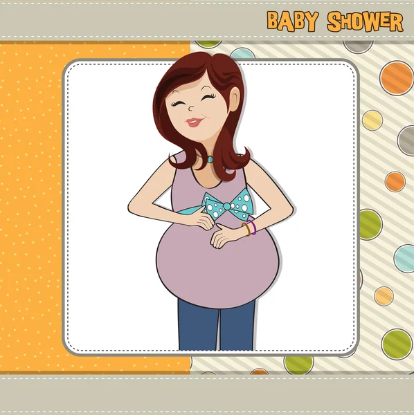 Lycklig gravid kvinna, baby shower kort — Stock vektor