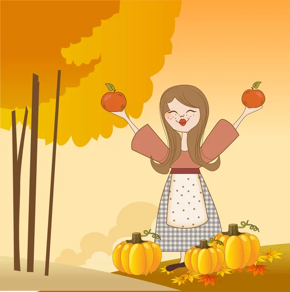 Herfst meisje met appelen en pompoenen — Stockvector