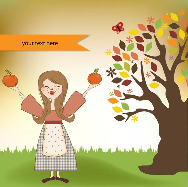 Φθινόπωρο κορίτσι με μήλα και κολοκύθες — Διανυσματικό Αρχείο