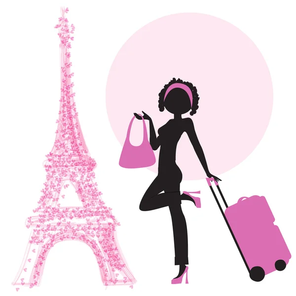 在巴黎的手提箱的女人 — 图库矢量图片