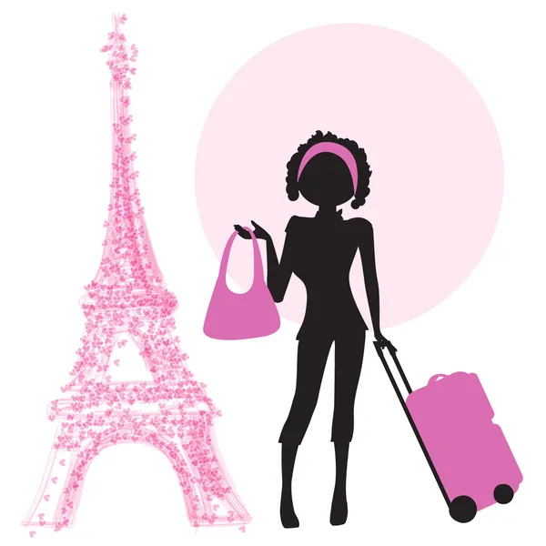 Femme avec valise à Paris — Image vectorielle