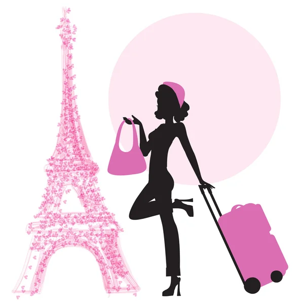 Femme avec valise à Paris — Image vectorielle