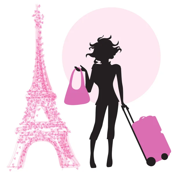 Femme avec valise à Paris — Image vectorielle