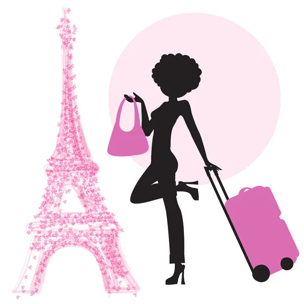 Wanita dengan koper di Paris - Stok Vektor