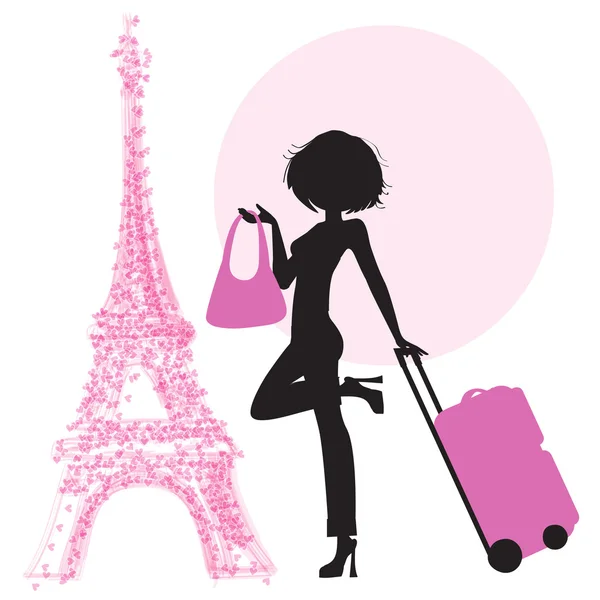 Femme avec valise à Paris — Image vectorielle