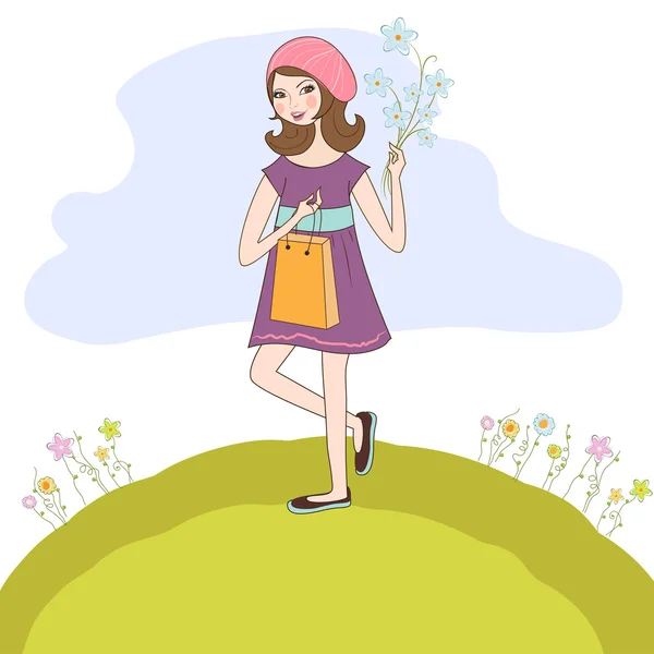 Красивая девушка с подарком и цветами. поздравительная открытка — стоковый вектор