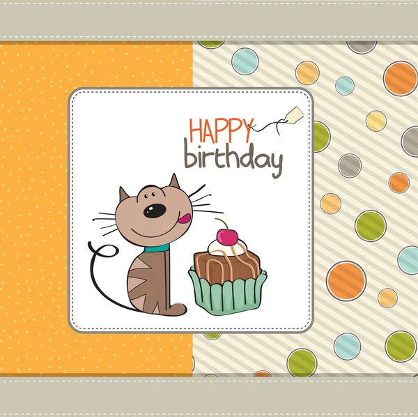 Birthday greeting card with a cat waiting to eat a cake — Stock Vector