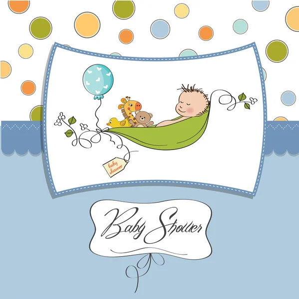 Menino dormindo em uma ervilha sido, cartão de anúncio do bebê — Vetor de Stock