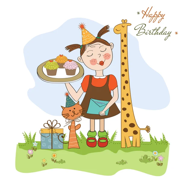 Tarjeta de cumpleaños feliz con chica divertida, animales y cupcakes — Vector de stock