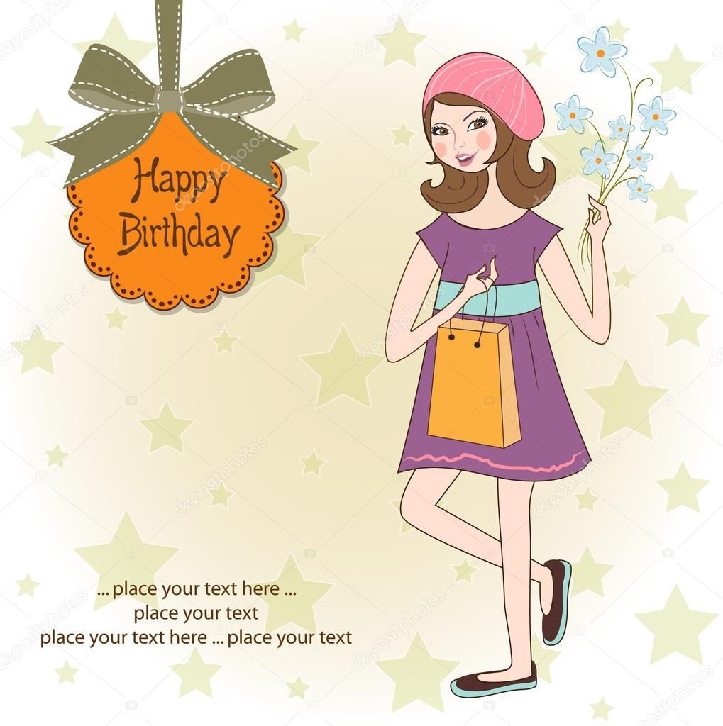 Pretty girl with gift and flowers. birthday card