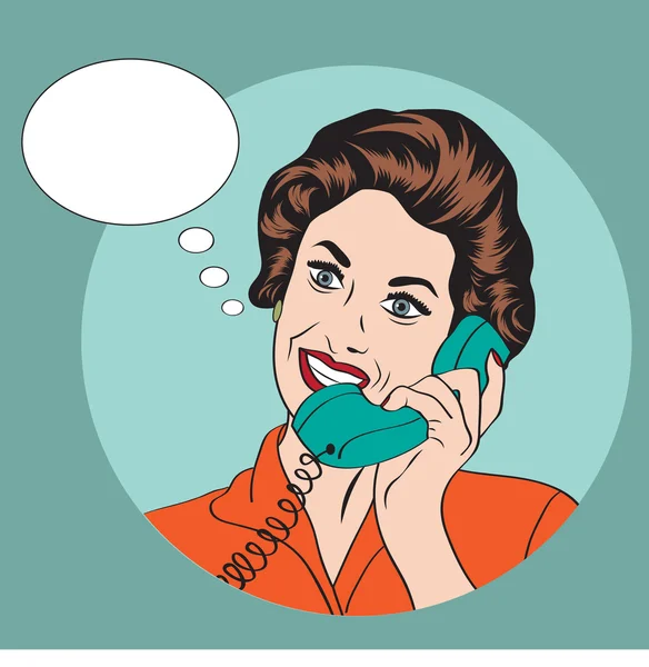 Popart cómic retro mujer hablando por teléfono — Vector de stock