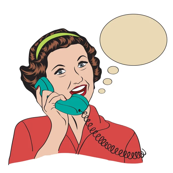 Telefonla konuşurken popart komik, retro kadın — Stok Vektör