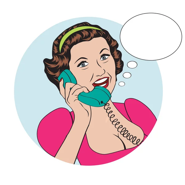 Popart comic retro woman talking by phone — Stock Vector