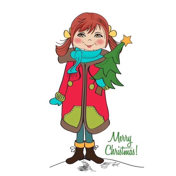Χαριτωμένο και ευτυχισμένη κοπέλα με ένα χριστουγεννιάτικο δέντρο στην αγκαλιά του — Διανυσματικό Αρχείο