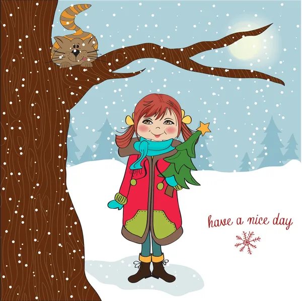Χαριτωμένο και ευτυχισμένη κοπέλα με ένα χριστουγεννιάτικο δέντρο στην αγκαλιά του — Διανυσματικό Αρχείο