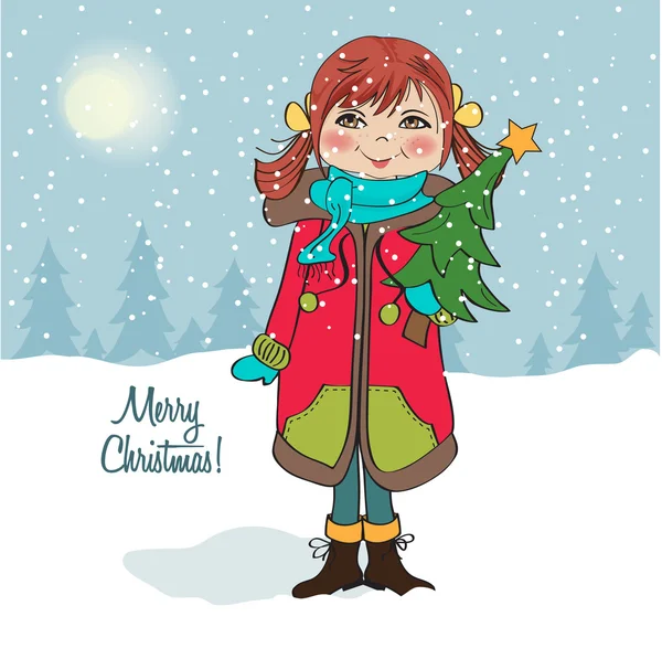 可爱、 快乐年轻女孩与一棵圣诞树在他的怀里 — 图库矢量图片