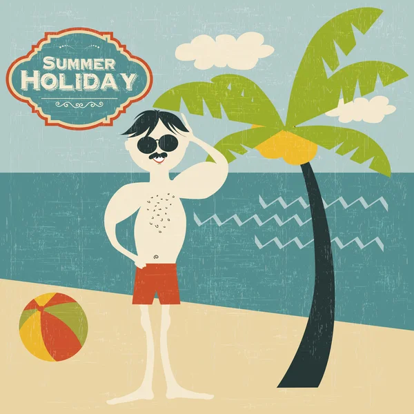 Hombre retro en la playa — Vector de stock