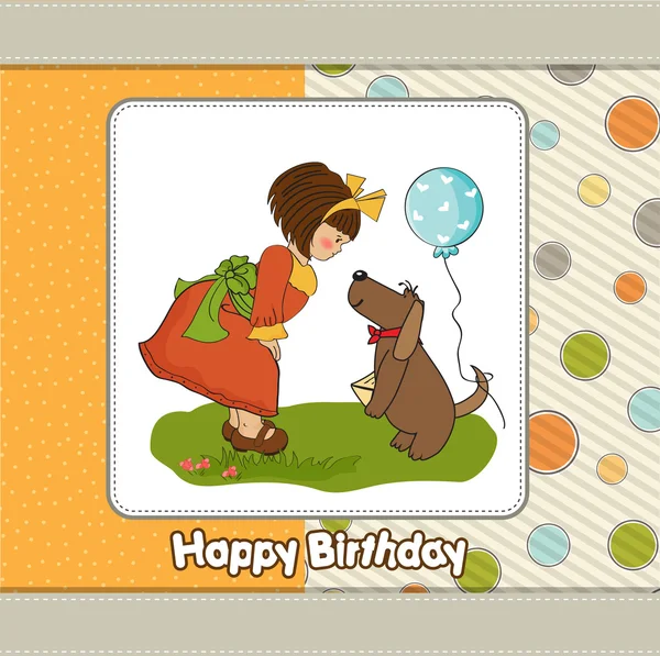 Joven chica y su perro en un maravilloso cumpleaños tarjeta de felicitación — Vector de stock