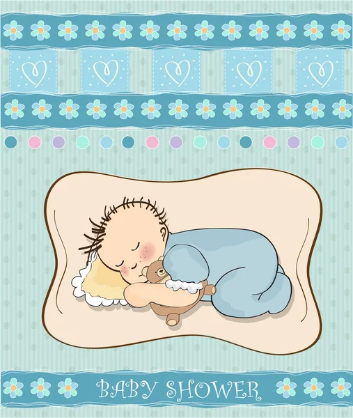 Baby jongen douche kaart met kleine baby — Stockvector