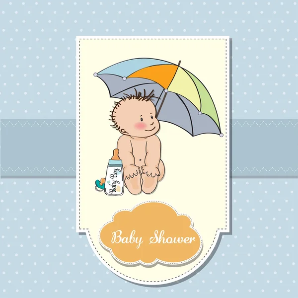 Baby boy shower card with funny baby under his umbrella — Stock Vector