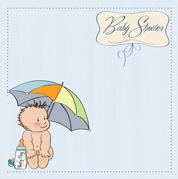 Baby boy shower card with funny baby under his umbrella — Stock Vector