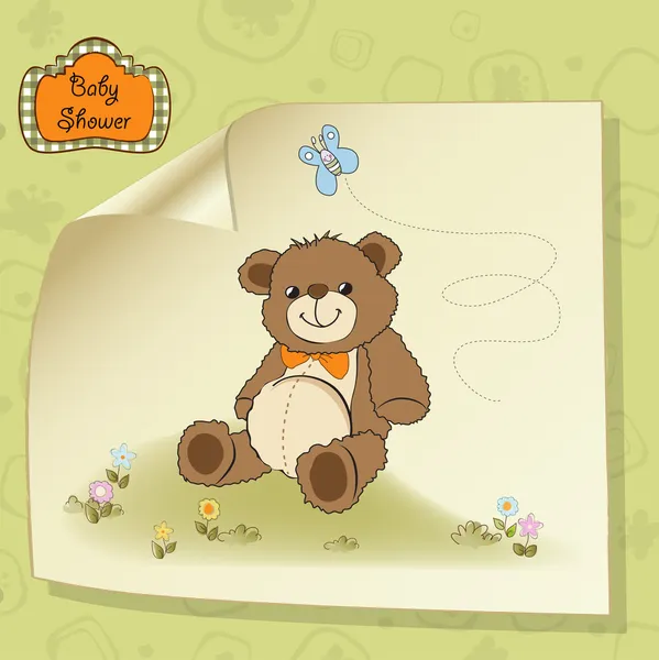 Baby shower card with cute teddy bear toy — Stock Vector