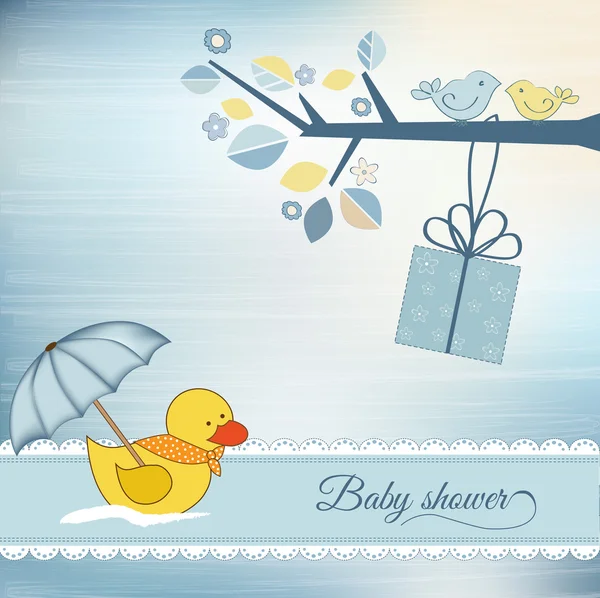 Baby shower card with duck toy — Stock Vector