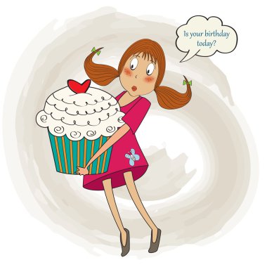 young pretty girl who carries a big cake, birthday greeting card clipart