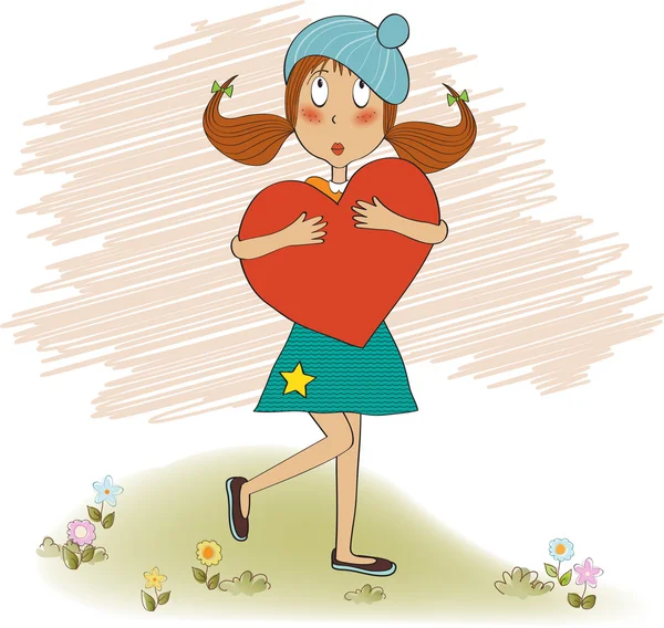 Young girl holds a heart — Stock Vector