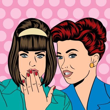 Two young girlfriends talking, comic art illustration clipart